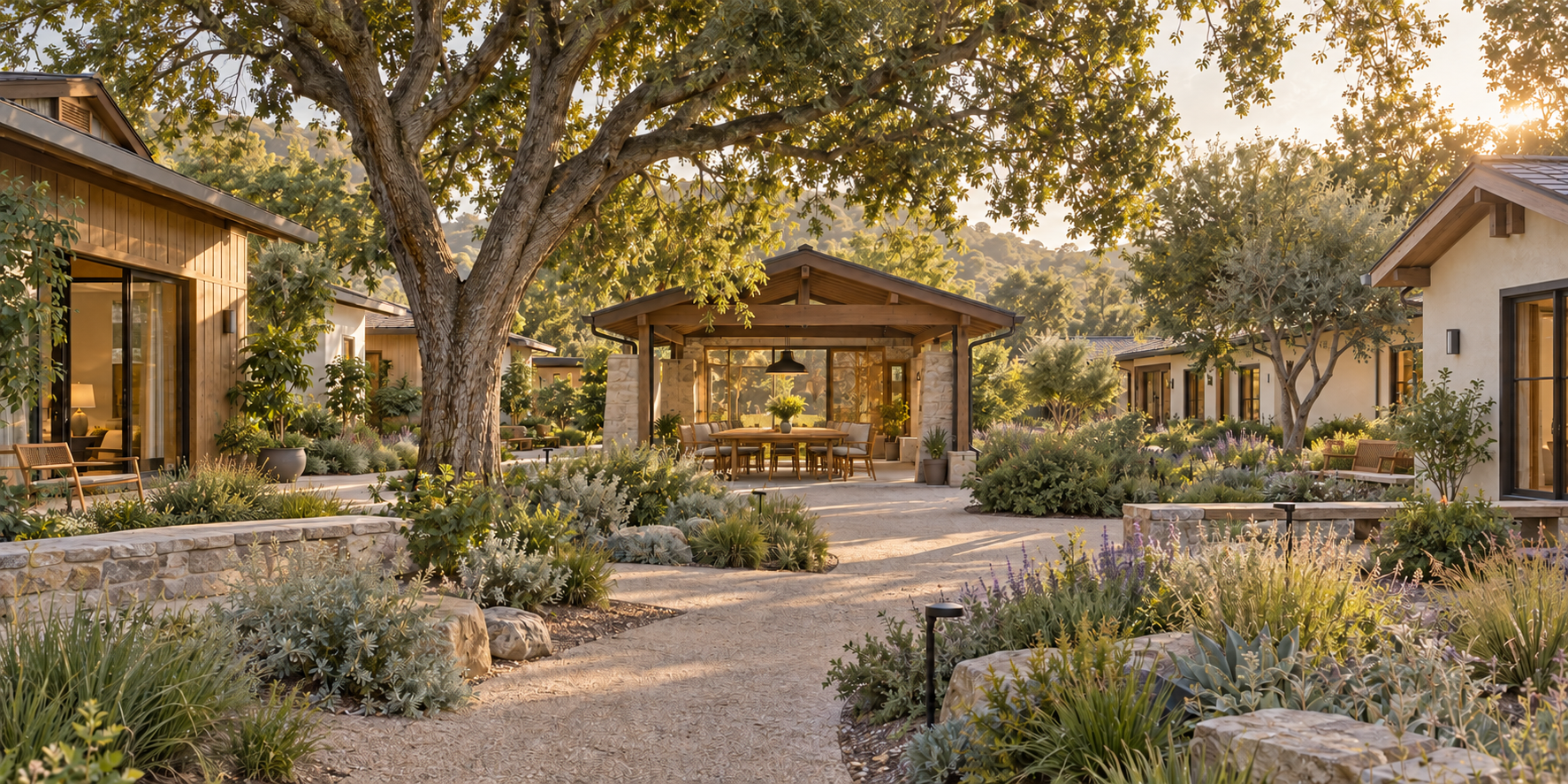 Imagined cottages and a shared dining pavilion around an unoccupied garden courtyard.